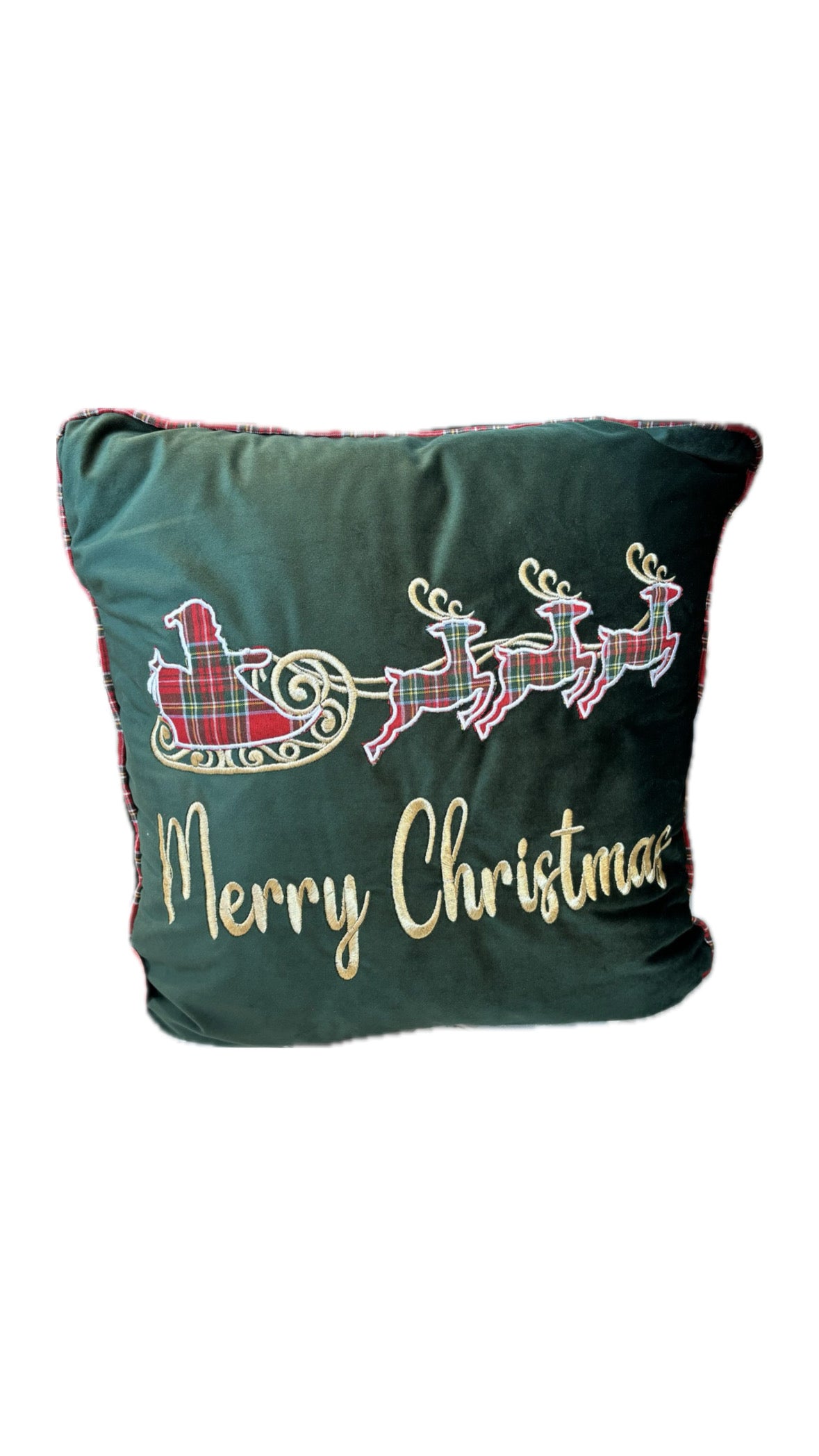 CUSCINO NATALIZIO IN VELLUTO CON SLITTA VERDE 40X40 CM - CLODETTE